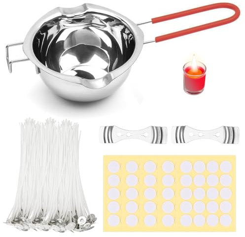 Jortmrd Kit Fabrication Bougie Candle Making Kit de Mèches pour Bougies, 100 Meche Bougie 100 Autocollant Bougie 400ml Bol de Fusion 2 Supports en Métal Mèches