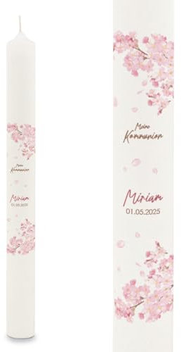 GRAVURZEILE Candela a stelo stampata, con fiori di ciliegio, personalizzabile, con nome e data, regalo per battesimo, comunione o cresima, per ragazzi e ragazze, 400/40 mm, colore bianco
