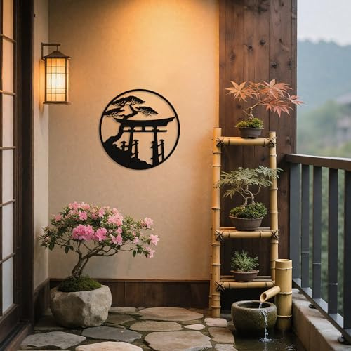 Metal Japanese Wall Art Torii Gate Wall Decor Japanese Torii Gate Decor Cherry Blossom Art Asian Shinto Landscape Decorations for Home Living Room Outdoor (Black, 18.5x18.5 inch/47x47 cm, Metal)