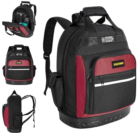 OUUTMEE Sac à Outils avec Base ABS, Sac à Dos Résistant avec Poches Multiples et Ceinture, Idéal pour Électriciens et Bâtiment (Rouge)