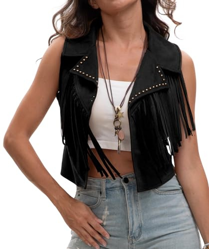 Panegy Donne Boho Western Tassel Gilet Vintage Fringe Hippie Cardigan Outwear Retro Rivets Giacca Senza Maniche Nero L