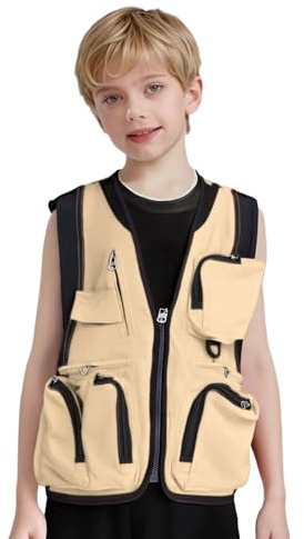 Miaeowve Kids Boys Vest Sleeveless Safari Gear Vest with Pocket for Hiking Outdoor Activity Khaki 8-12 Years