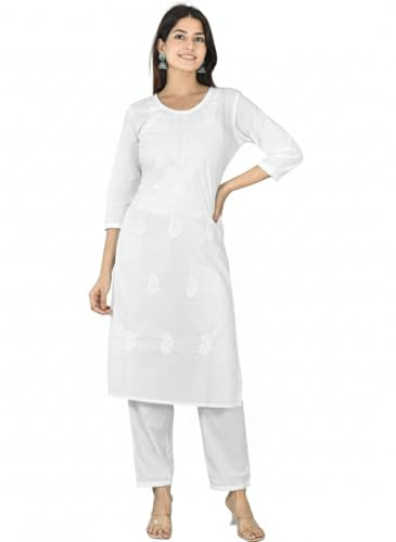 Vrnda Indian White Chikankari Cotton Kurtis for Women Tunic Top Pant Set Salwar Suit - Large