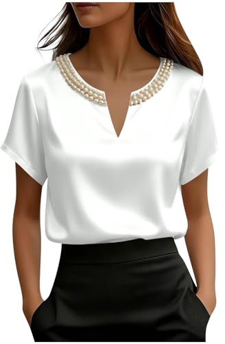 Générique Chemisier Femme Satin à Manches Courtes Blouse Satinée Incrusté de Perles Chic et Élégant Chemise Haut de Travail Business Tunique Été Mode Uni Tee Shirt Soie Shirts Blanc S