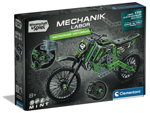 Clementoni Mechanics Motorcross motorcykel – klämbyggstenar leksak för barn – pojkar och flickor från 8 år – presentidé 59497