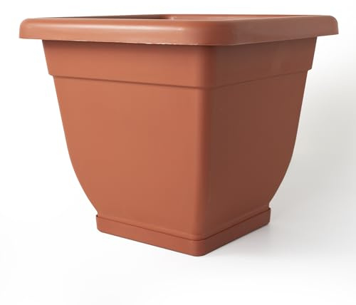Geri 40cm ⌀ x 35cm Tall Square Plastic Planter, Terracotta | Indoor/Outdoor Plant Pot with Removable Saucer, Drainage Holes | Large Flower Pot
