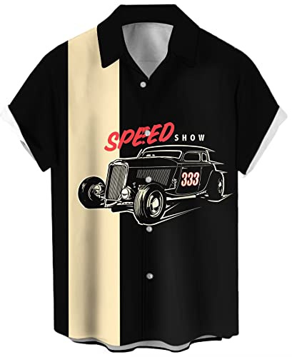 Herr vintage bowlingskjorta 1950-talet retro kortärmad skjorta med knappar, 333 Bil, 3XL