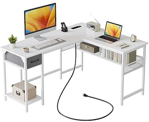 CubiCubi Moderner L-förmiger Computertisch, Mit Steckdose, 148 x 120 cm PC-Tisch, Stabiler Schreibtisch, Eckschreibtisch ecktisch groß bürotisch, Weiß