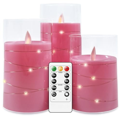 salipt Velas LED con Efecto de Cristal, Vela Eléctrica Efecto Llama, Velas a Pilas sin Llama con Control Remoto, Temporizador, Juego de 3, 7.6 cm de Diámetro, 10.2 12.7 15.3 cm de Altura