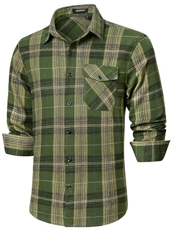 HISDERN Mens Flannel ShirtArmy Green Checked Shirt Casual Plaid Long Sleeve Shirt Cotton Lumberjack Shirts for Men M