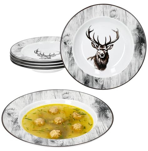 MamboCat Alois Lot de 6 assiettes creuses I 180 ml I Vaisselle en porcelaine avec décor cerf pour 6 personnes I Assiettes creuses pour salade, soupe, céréales, pâtes, etc.