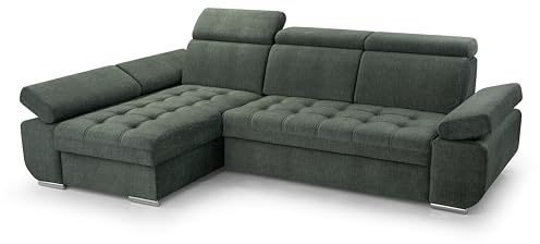 FurniShop24 Ecksofa mit Schlaffunktion und Bettkasten - Eckcouch L-Form mit Bewegliche Kopfstützen, Klappsofa - Schlafcouch zum Wohnzimmer, Modern Design Schlafsofa Bianco: Dunkelgrün, Ecksofa Links