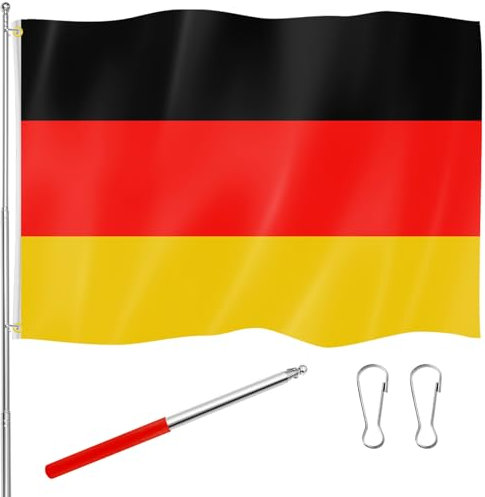 Panelee 150 x 90 cm Deutschland Flagge mit Teleskop Fahnenmast Seil zum Aufhängen und 2 Schnallen Deutschlandfahne mit Roter Edelstahl Fahnenstange für Drinnen Draußen Garten Balkon Deko Zubehör