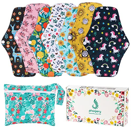 PHOGARY 7 pcs Reusable Sanitary Pads Set with Wings, Bamboo Cloth Pads for Heavy Flow with 1 pc Wet Bag, Washable Overnight Cloth Panty Liners - 26 cm, 4 Layers