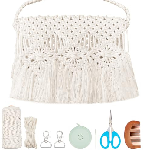 WEBEEDY Juego de bolsas de macramé beige con flecos bohemios, bolsas de macramé con cordón de macramé de 131 yardas de 3 mm y tutoriales de vídeo, juego de manualidades hecho a mano como regalo
