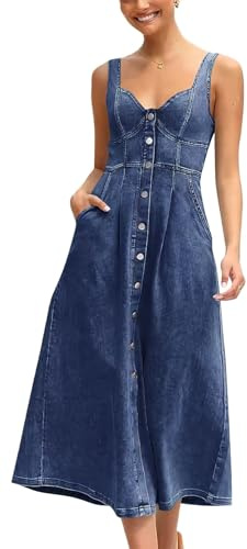 ebossy Stretchy Smocked Denim Dress for Women Sleeveless Babydoll Button Down Midi Long Jean Dresses (L, Blue)