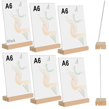 kiptyg 6 Stück Tischaufsteller A6, Acryl Tischständer mit Holzfuß – Doppelseitiger Displayständer für Preisschilder, Menükarten – Ideal für Restaurants, Cafés, Büros(14,8 x 21 cm, Hoch & Schräg)