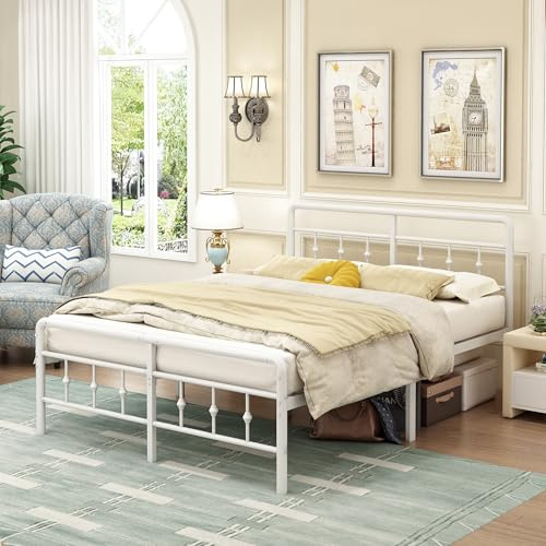 EMODA Small Double Bed Frame with Headboard and Footboard 120x190cm,46 cm High Bed Frame Small Double with Steel Slats Support, Noise Free, Easy Assembly, White