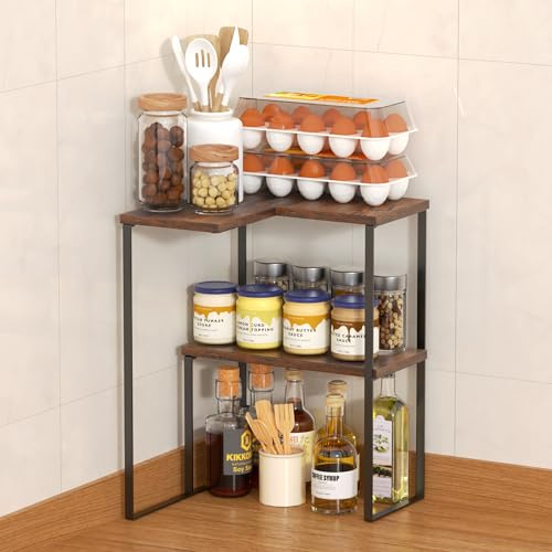 Alyoen Estantería esquinera de cocina, 2 niveles, estantería de madera ajustable, organizador de cocina y baño, estante de especias, mesa vestidor
