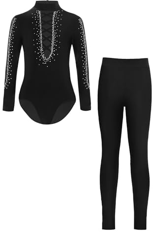 Alvivi Maillot de Gimnasia Rítmica Niños de Manga Larga con Pedrería Brillante + Mallas Largos de Elásticos Traje Baile de Patinaje Deportivo