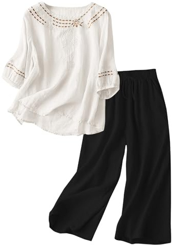 Cocila 2 Piece Outfits Women Cotton Linen Embroidered Crop Tops Wide Leg Trousers Co Ord Sets Summer Loungewear Airport Outfit Linen Sets for Women Solid Casual Loose Tracksuit White XL