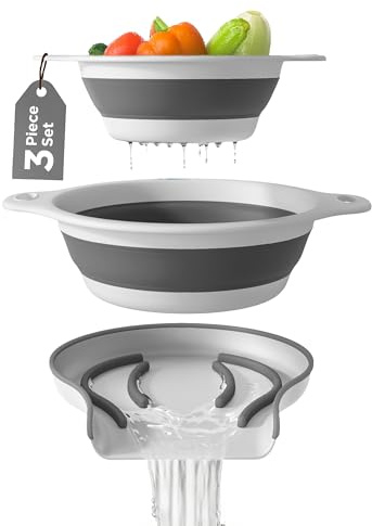 GEVOLI Passoires pliables (lot de 2) – Passoires alimentaires avec base d’égouttage pour évier, adaptées aux pâtes, fruits et légumes (4 L et 5 L) – Blanc/Gris