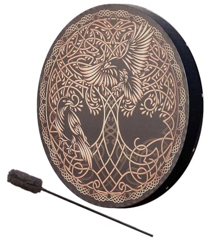 Tambor chamánico artesanal - tambor de marco siberiano con un árbol de la vida y el pájaro | Auténtico tambor espiritual con baqueta, instrumento de curación con sonido para ceremonias, decorativo