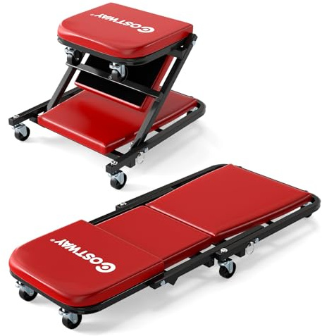 COSTWAY Camilla Mecánico 2 en 1, Taburete Taller Plegable con Asiento Acolchado y 6 Ruedas Universales, Taburete Convertible para Taller, Reparación de Autos, Carga hasta 150 kg (Rojo)