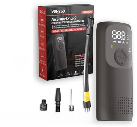 Compressore Aria Portatile 150 PSI 10 Bar 35W 20 L/min Display – LED Digitale Ricaricabile USB-C Spegnimento Automatico Auto Moto Bici Palloni 420 g | Batteria 2×2000 mAh Li-ion
