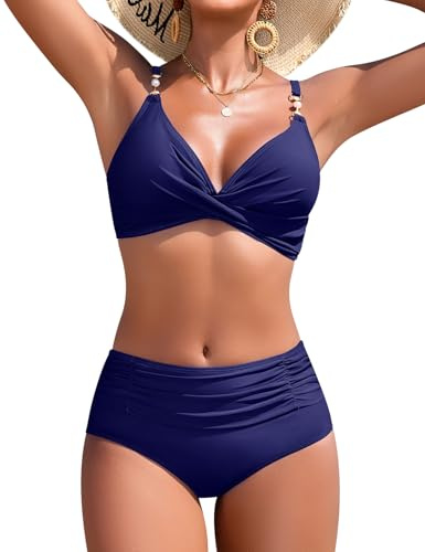 Nadeer Traje de Baño para Mujer Top Cruzado Cuello en V Dos Piezas con Perlas Sexy Elegante Conjuntos de Bikini Control de Vientre de Cintura Alta Bañador de Playa