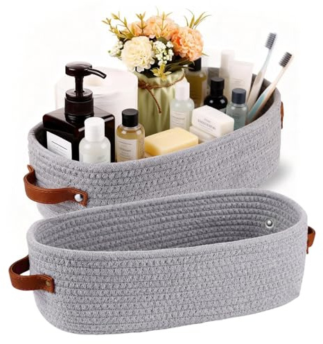 TIANLIN 2 Piezas Cesta de Almacenaje Tejida de Cuerda de Algodón, Tamaño 33×15×10 cm, Pequeñas Cestas de Almacenaje con Asas de Cuero para Baño, Dormitorio, Cocina y Estantería (Gris)