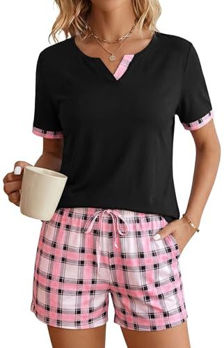 Leversic Pijama Verano Mujer Corto a Cuadros 2 Piezas Parte Superior de Manga Corta con Pantalones Conjunto de Ropa de Estar por Casa(Negro,S)