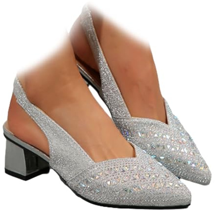 Sandali da donna alla moda con tacco alto e tacco grosso, tacco a blocco, scarpe da sposa con cinturino alla caviglia scintillante, scarpe eleganti per feste, Argento, 44 EU