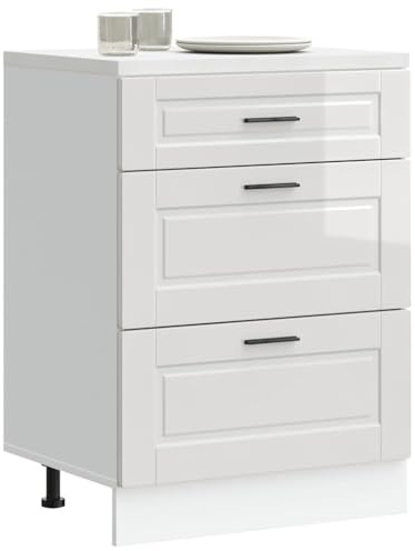 YunCangg köksunderskåp Porto högglans vit, 60 x 46 x 81,5 cm, trämaterial, justerbara fötter, fuktbeständiga, för kök, matsal