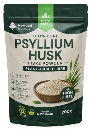 New Leaf Psyllium Husk Powder 5000mg, High Strength - 200g (40 Servings) | Also Known as Ispaghula Husk, Soluble Fibre Powder, High Fibre Supplement, Vegan, Made in UK