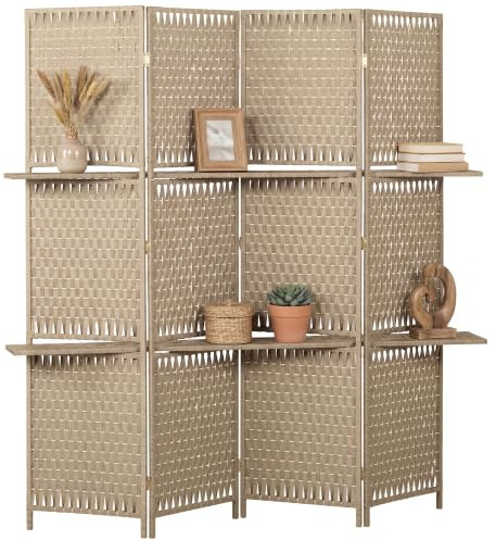 HOMCOM 4-Panel Room Divider with Storage Shelves Wave Fibre 180 cm, Natural | Freestanding Folding Privacy Screen Panels, Partition Wall Divider, for Indoor, Bedroom, Office