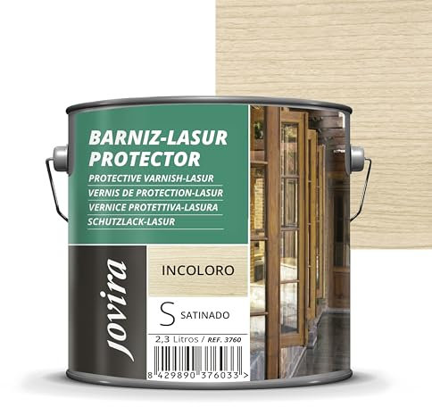 JOVIRA PINTURAS. BARNIZ LASUR PROTECTOR SATINADO (7 colores) Protege, decora y embellece todo tipo de madera (2,3 Litros, Incoloro) H-25