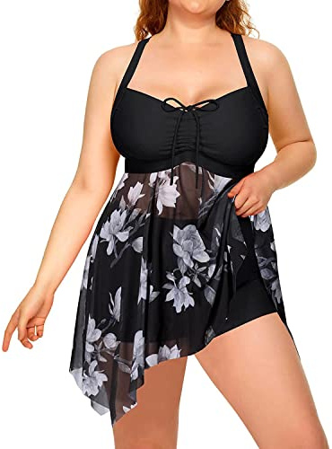 Daci Plus Size Swim Dress with Short for Women Mesh Tankini Swimsuits Flowy Two Piece Bathing Suits Black and White Flower XXL