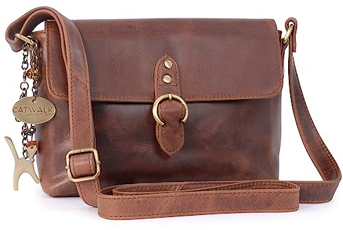 Catwalk Collection Handbags - Bolso Bandolera de Piel de Mujer - Bolso Cruzado Pequeño con Solapa - Bolsito con Correa Ajustable - Freya - Marrón