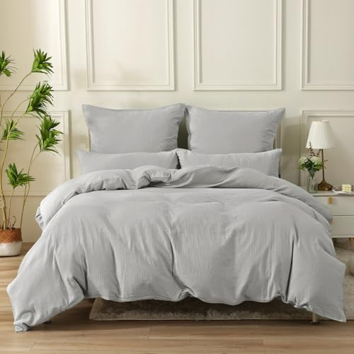 SOULFUL Doppelte Muslin Bettwäsche 155x220 Baumwolle, Bettwäsche-Sets 1er Set Bettbezug mit 1 Kissenbezüge 80x80 cm, ÖKO-TEX Bettwäsche Hellgrau mit Reißverschluss