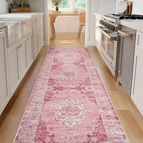 Taleta Washable Hallway Runner Rug Pink 80 x 300 cm Non-Slip Soft Low Pile Kitchen Long Vintage Carpet Runners for Hallway Entrance Living Room
