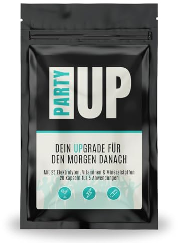 PARTYUP After Party Kapseln, Elektrolyte+, 20 vegane Kapseln mit Elektrolyten & Vitaminen für 5 Party-Nächte, 25 natürliche Inhaltsstoffe