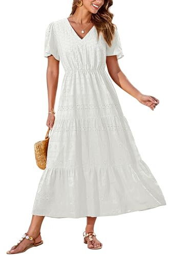 GRACE KARIN Elegantes Baumwolle Damen Sommerkleid Langes Kurzärm Midikleid für Arbeit Büro Partykleid Elfenbeinweiß 2XL