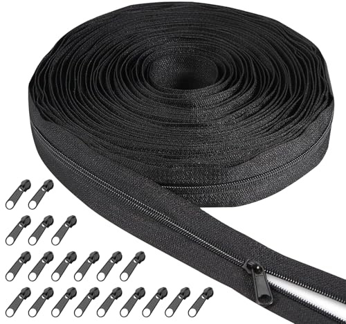 Cerniera Lampo Lunga 20 m Cerniere Lampo a Metro e 20 Cursori Cerniera Lampo Infinita Cerniere Lampo in Nylon per Cucito Abiti Biancheria da Letto Borse (nero)