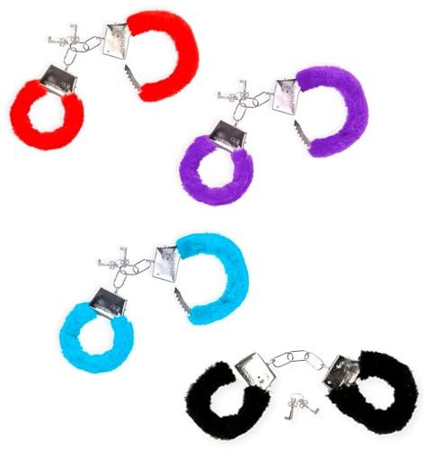 AC - Pack de 4 Pares de Esposas metálicas con Pelo, Incluyen Llaves y botón de Seguridad, complementos, Disfraces, Carnaval, Halloween, Role Play (Color Aleatorio)