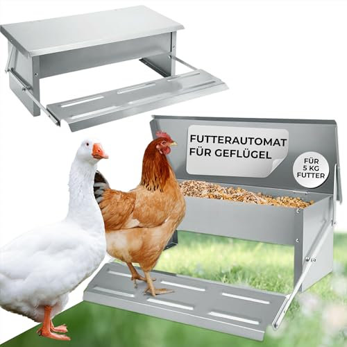 STREND PRO Futterautomat für Hühner - 5 kg | Hühnerfutter Automat aus Verzinkter Stahl | Hühnerfutterautomat mit Trittmechanismus | Futterspender für Geflügel | Trittklappen-Futterspender mit Deckel