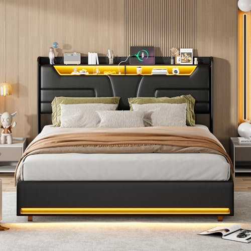 Polsterbett Doppelbett 140x200 cm,mit LED und USB-Ladestation, Hydraulisches Bett 140x200 mit Bettkasten und Lattenrost, Staufach-Kopfteil ,Boxspringbett Stauraumbett Jugendbett, PU (140 x 200 cm)