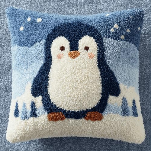 ORLUMY Knüpfteppich Zum Selber Knüpf-Sets Mit Kissen Knüpfen-Set 43X43Cm Kissenbezug-Set Für Erwachsene Und Kinder Latch Hook Kit Heimaccessoire（Pinguin）