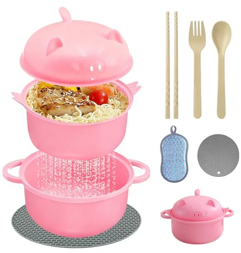 LETTERASHQP Microwave Ramen Bowl, Set di ciotole istantanee per noodle Bowl con manici, ciotola istantanea ramen, con coperchio e cucchiaio, forno a microonde portatile (C)