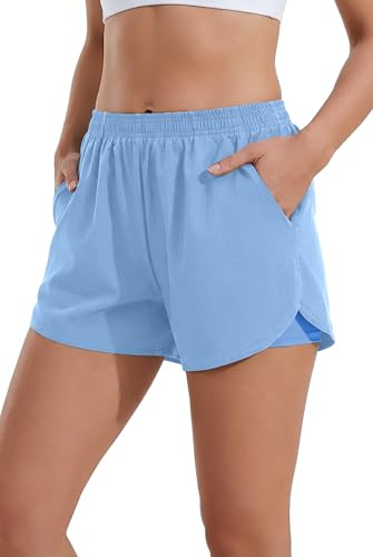 Ekouaer Short de Bain Femme Boxer Intégré Short de Sport d'été pour la Course à Pied Short de Surf à séchage Rapide avec Poches Bleu Clair L